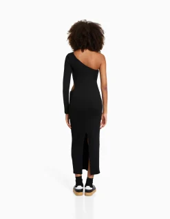 BERSHKA Robe longue asymétrique manches longues cut out Noir Fashion