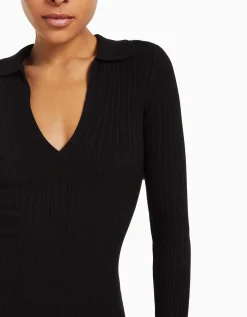 BERSHKA Robe longue col polo maille Sable Discount