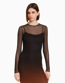 BERSHKA Robe longue manches longues tulle imprimé Noir Fashion
