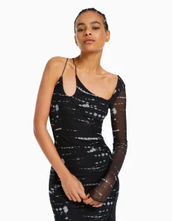BERSHKA Robe longue manches longues tulle imprimé Noir Shop