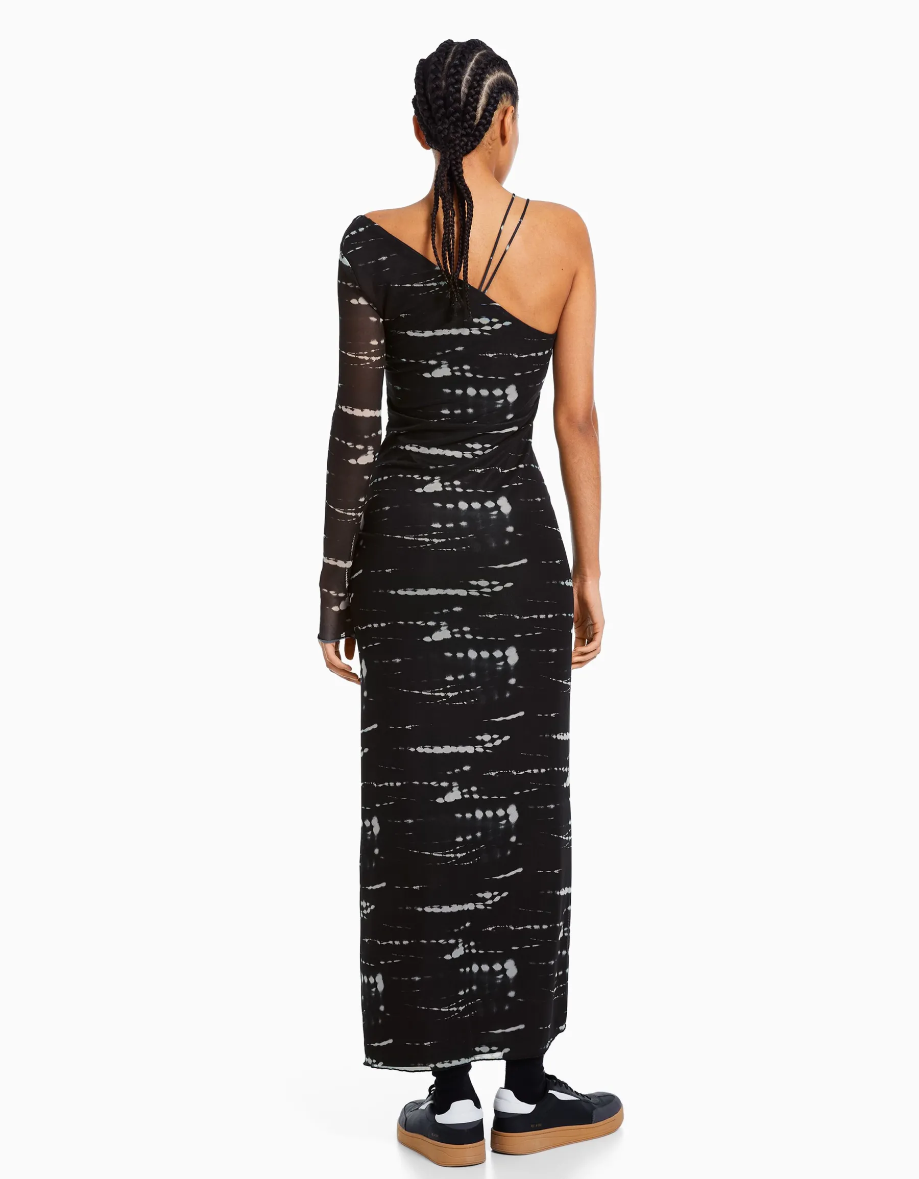 BERSHKA Robe longue manches longues tulle imprimé Noir Shop