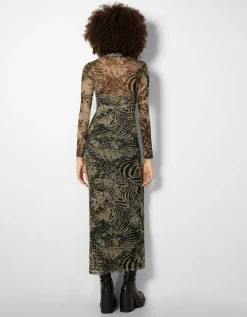 BERSHKA Robe longue manches longues tulle imprimé Violet Best