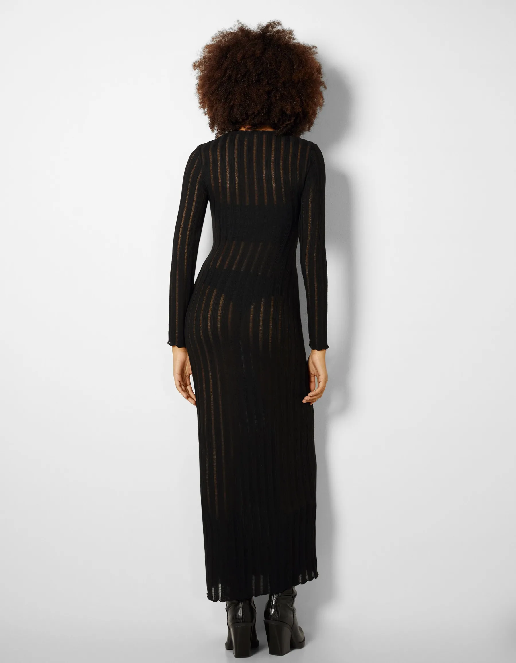 BERSHKA Robe longue manches longues bord-côte Noir Cheap