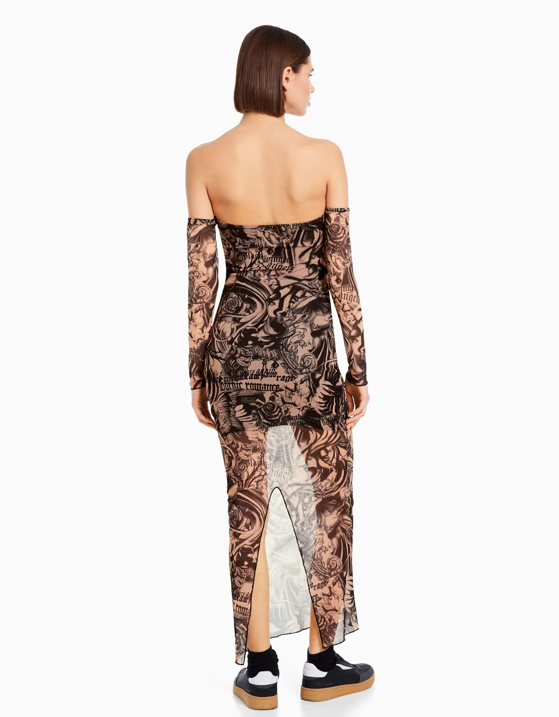 BERSHKA Robe longue tulle manchettes Rose Outlet