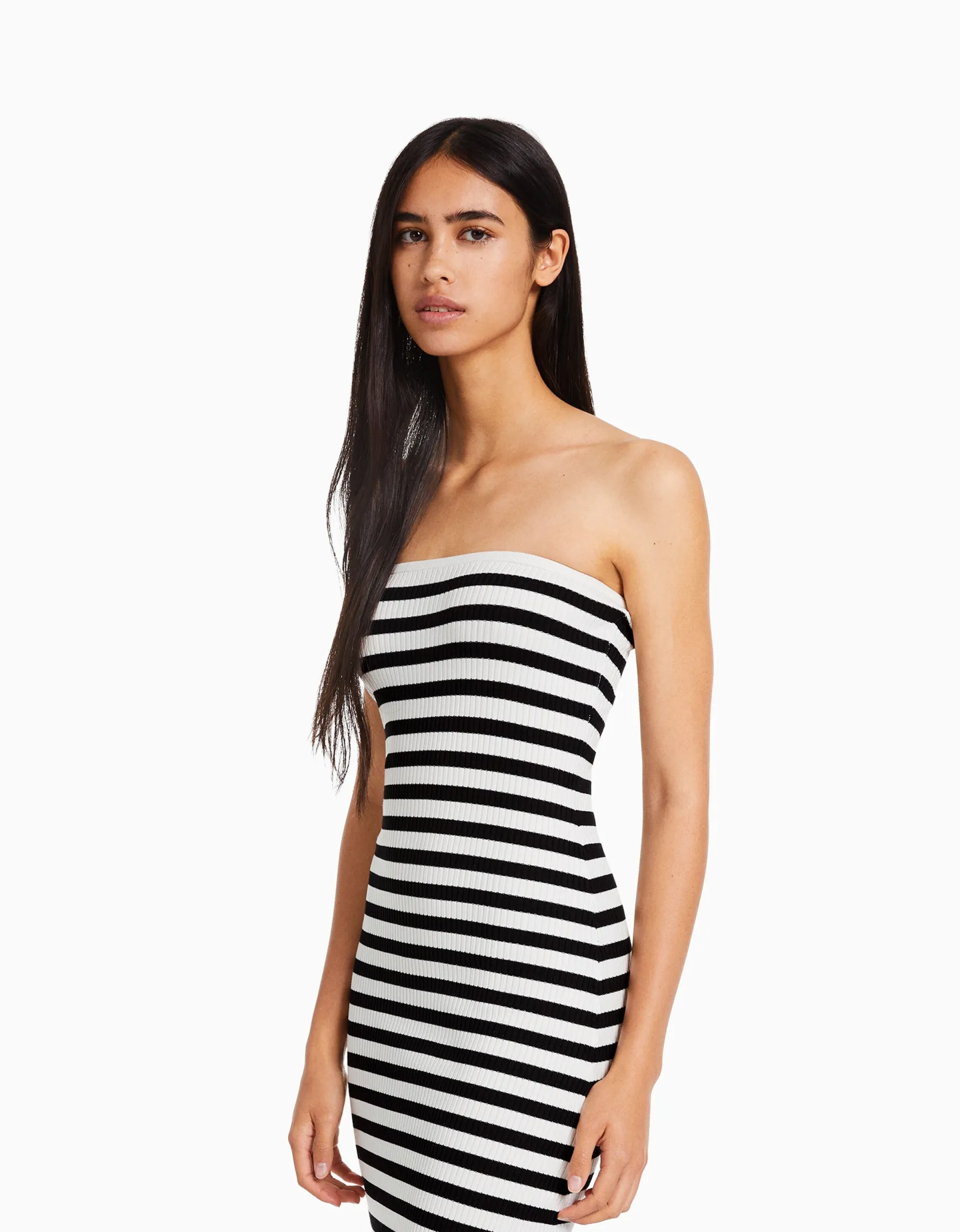 BERSHKA Robe midi bandeau rayures Blanc Hot