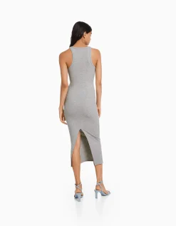 BERSHKA Robe midi bord-côte Gris Outlet