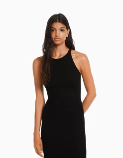 BERSHKA Robe midi bord-côte Gris Outlet