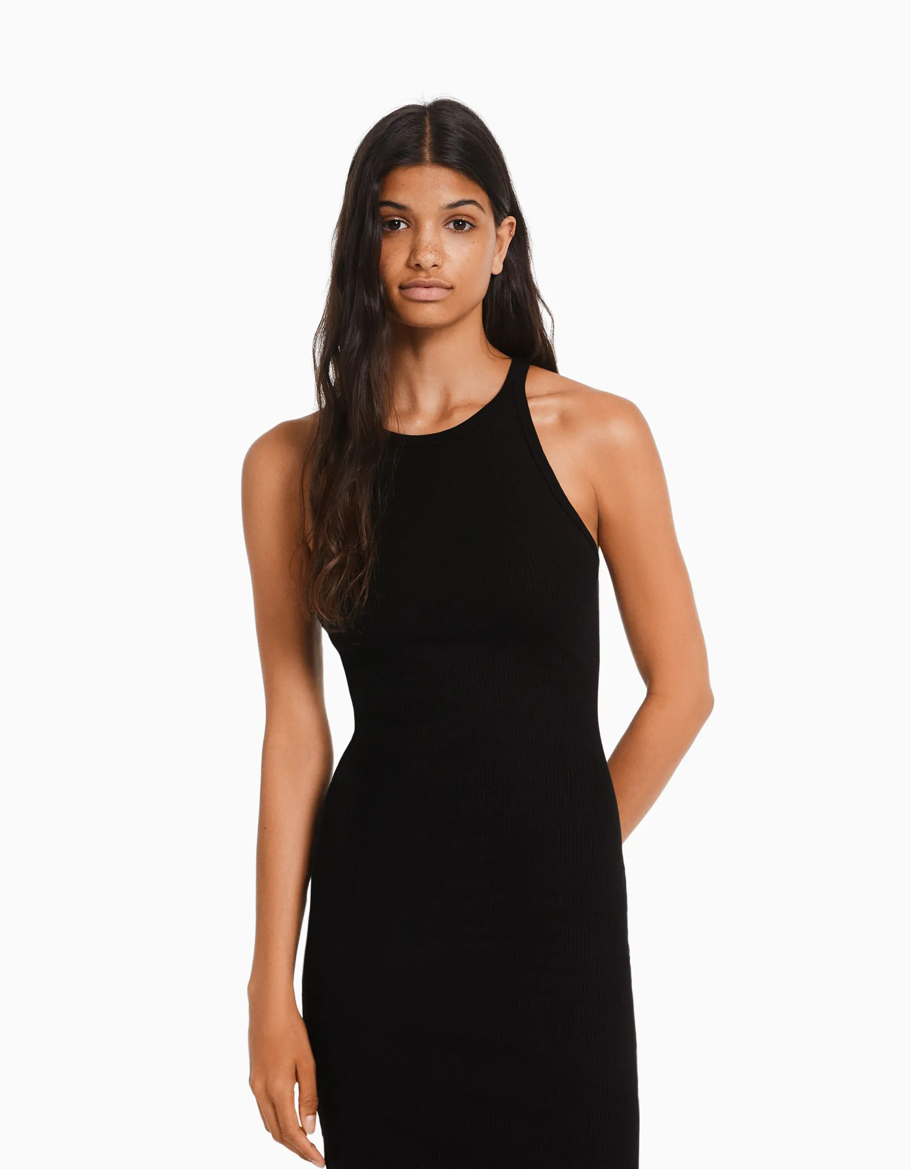 BERSHKA Robe midi bord-côte Gris Outlet