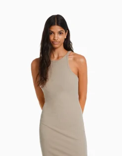 BERSHKA Robe midi bord-côte Gris Store