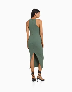 BERSHKA Robe midi bord-côte Gris Fashion