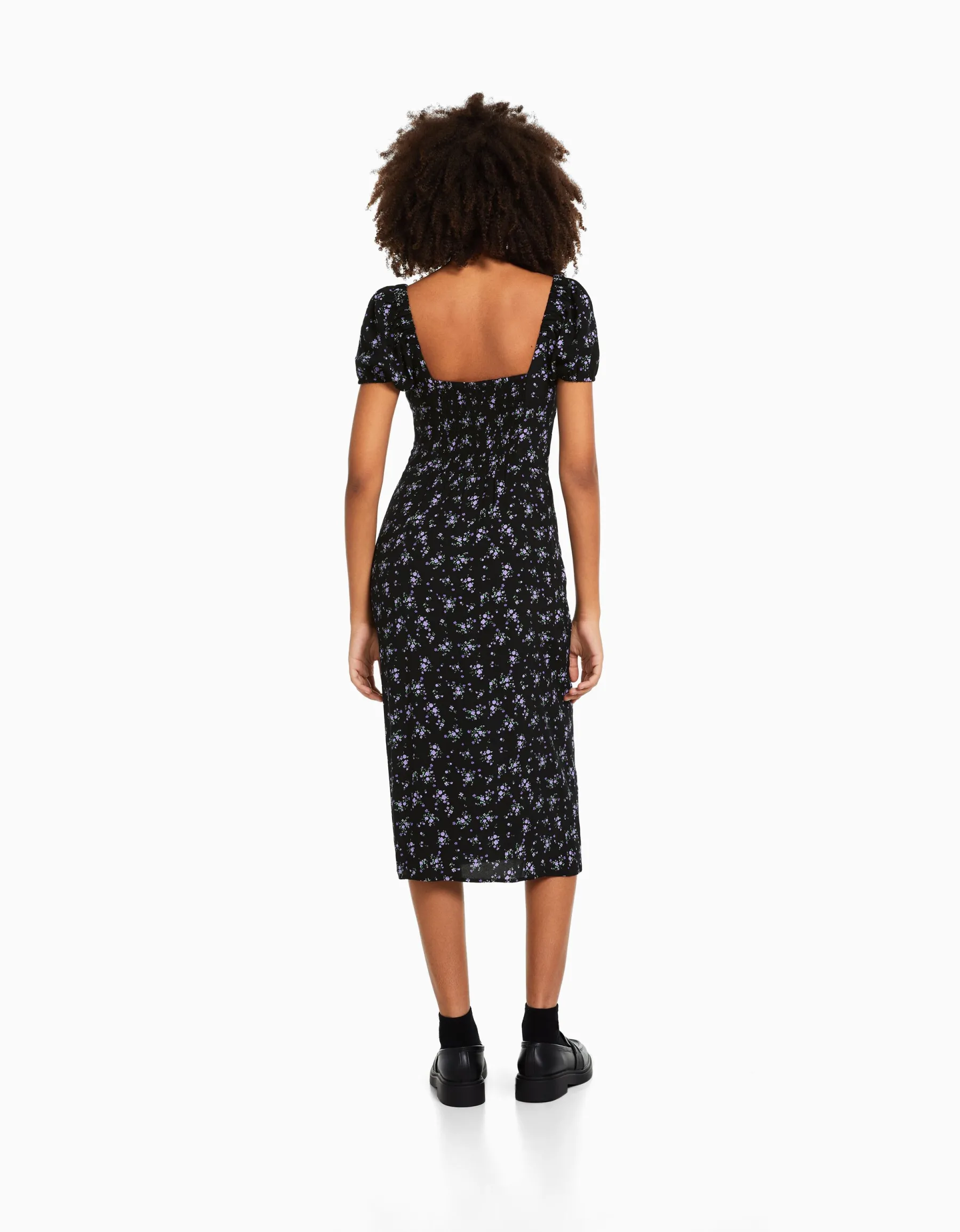 BERSHKA Robe midi manches courtes imprimé fleurs Noir Cheap