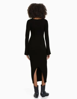 BERSHKA Robe midi manches longues maille bord-côte Vert Online