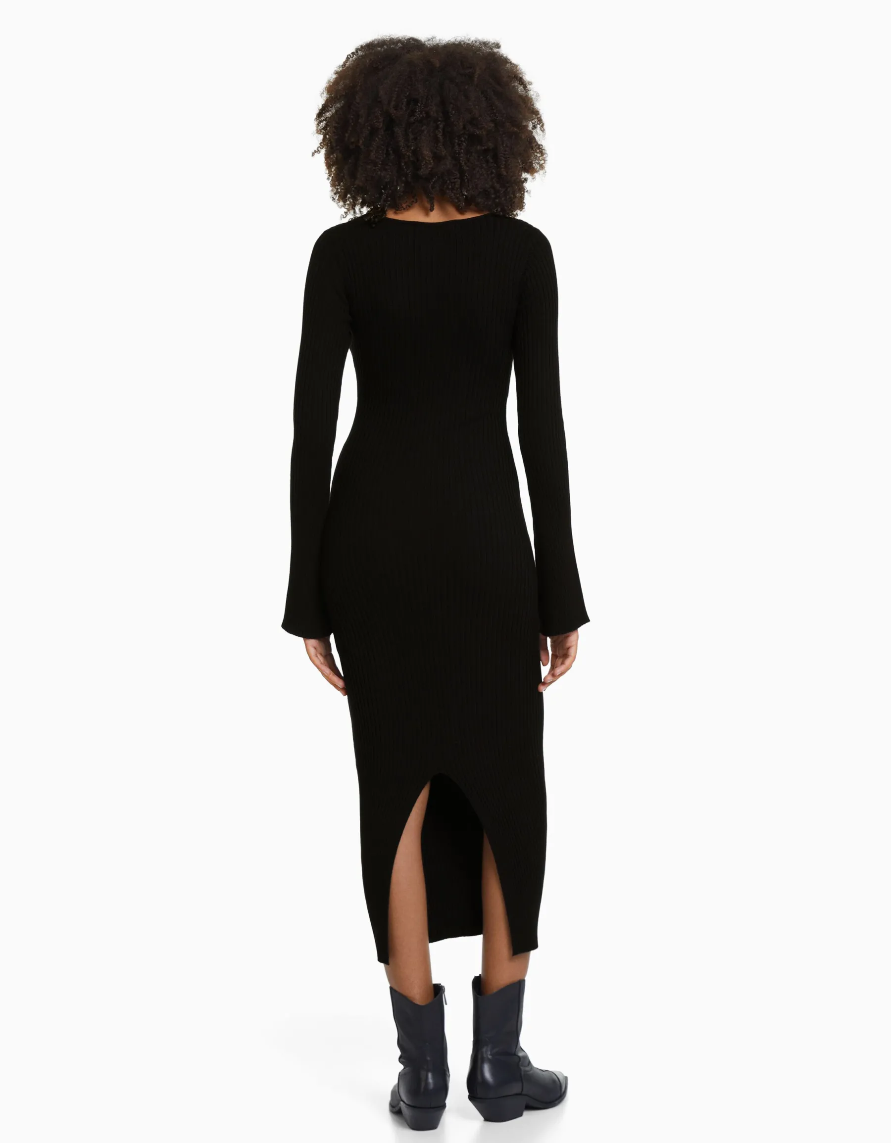 BERSHKA Robe midi manches longues maille bord-côte Vert Online