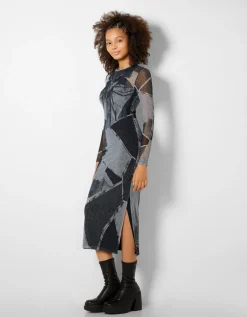 BERSHKA Robe midi manches longues tulle effet denim Gris Sale