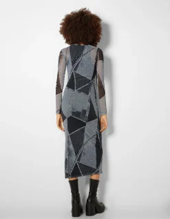 BERSHKA Robe midi manches longues tulle effet denim Gris Sale
