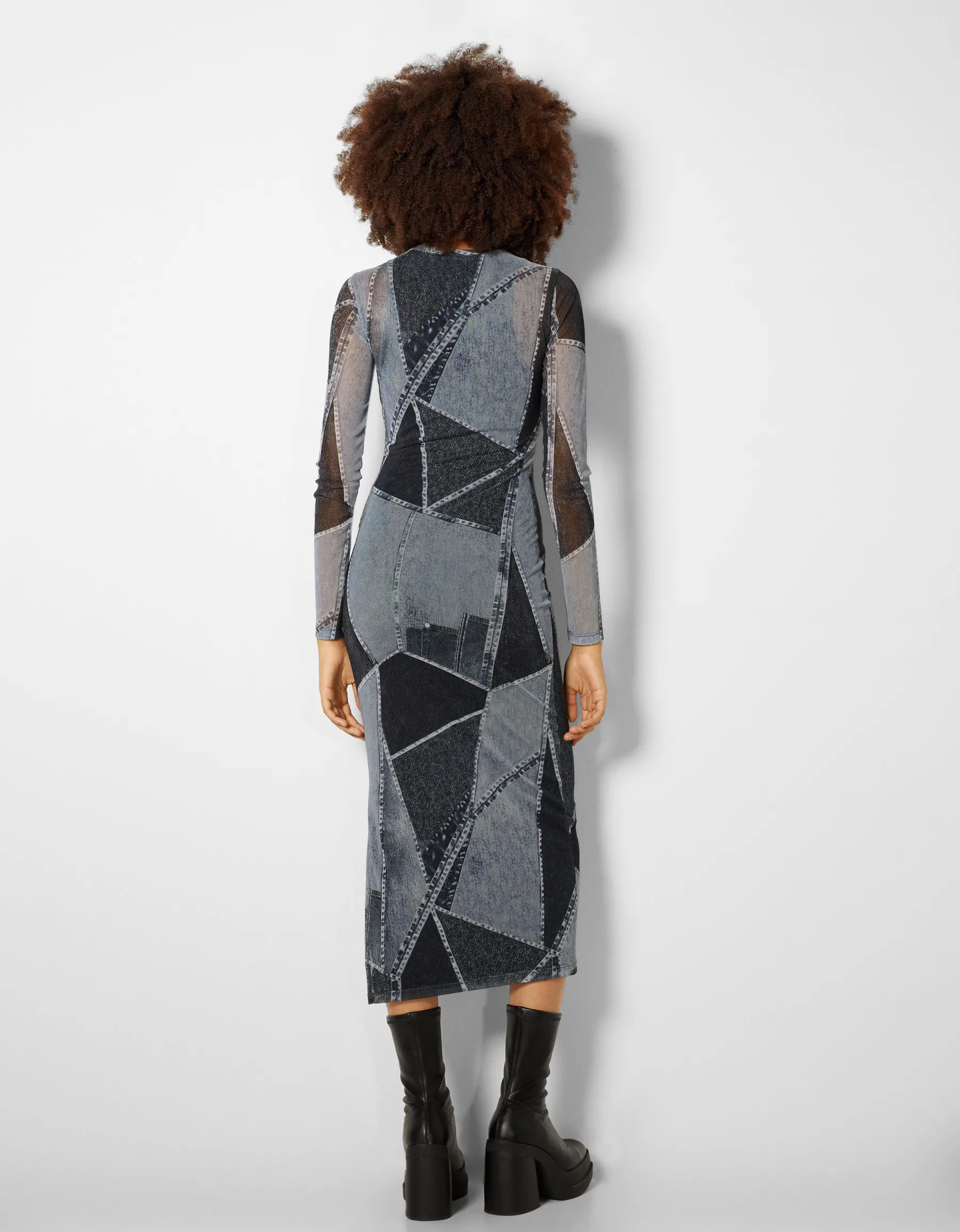 BERSHKA Robe midi manches longues tulle effet denim Gris Sale