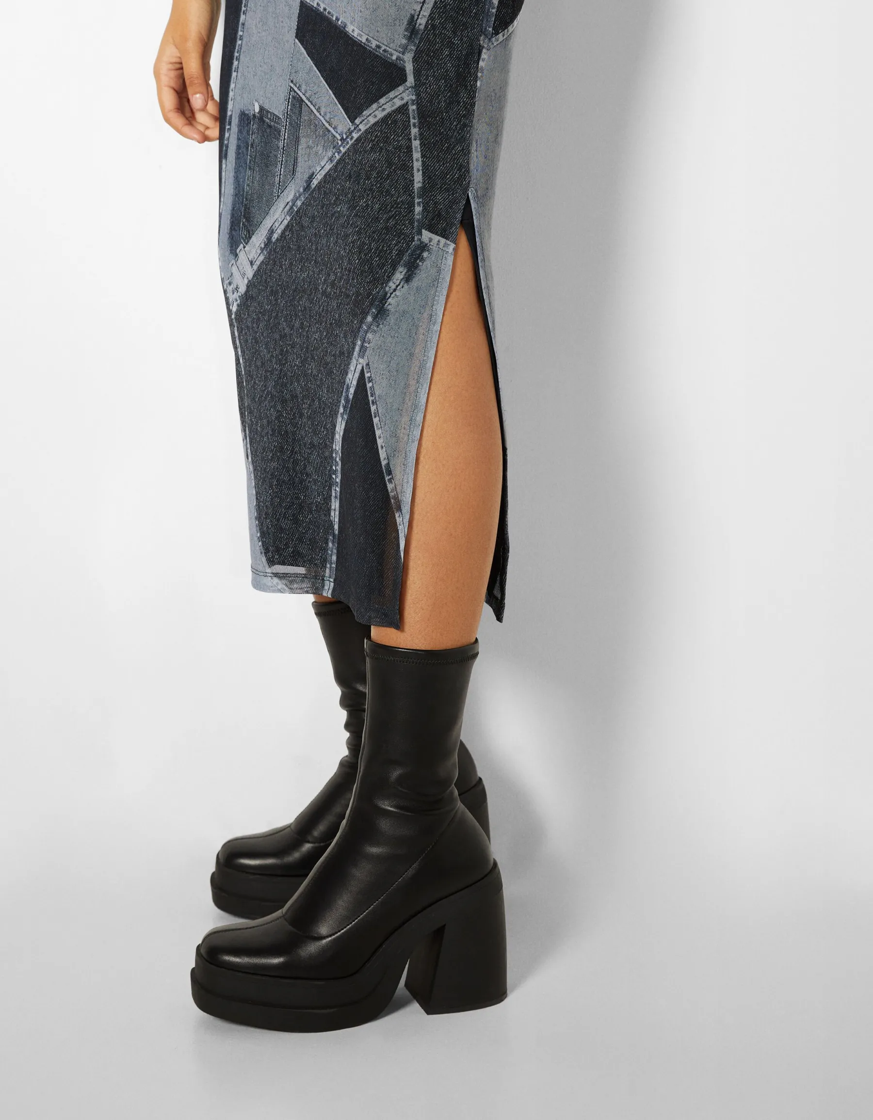 BERSHKA Robe midi manches longues tulle effet denim Gris Sale