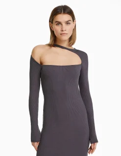 BERSHKA Robe midi manches longues décolleté asymétrique Noir Flash Sale