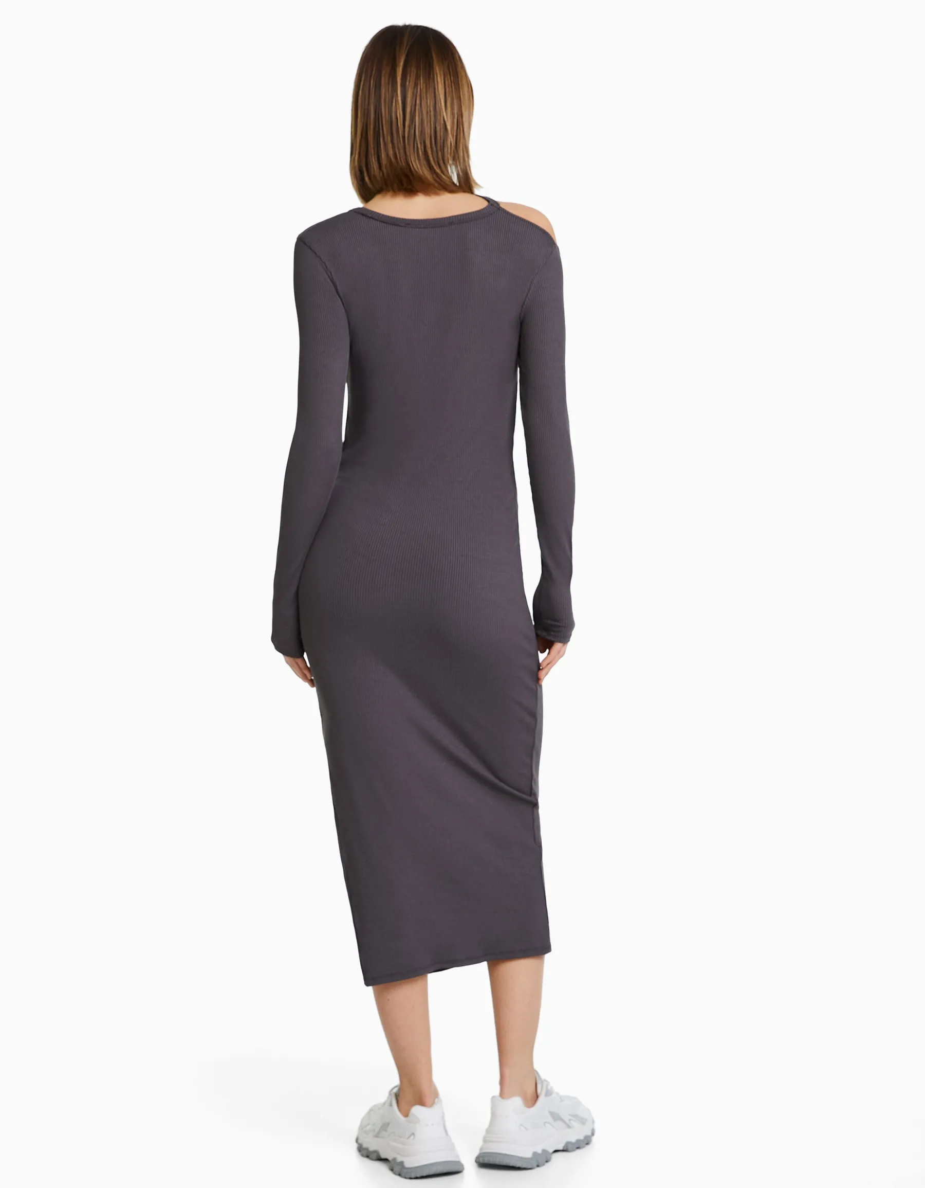 BERSHKA Robe midi manches longues décolleté asymétrique Noir Flash Sale