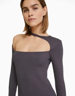 BERSHKA Robe midi manches longues décolleté asymétrique Noir Flash Sale