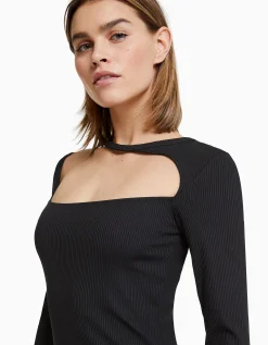 BERSHKA Robe midi manches longues décolleté asymétrique Noir New