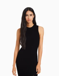 BERSHKA Robe midi sans manches maille Noir Fashion