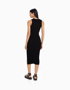 BERSHKA Robe midi sans manches maille Noir Fashion