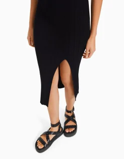 BERSHKA Robe midi sans manches maille Noir Fashion