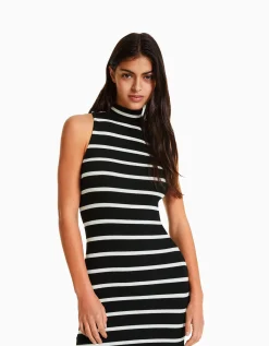 BERSHKA Robe midi sans manches rayée Écru Cheap
