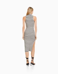 BERSHKA Robe midi sans manches rayée Écru Clearance