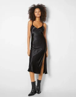 BERSHKA Robe midi satinée bretelle fine double Noir Cheap