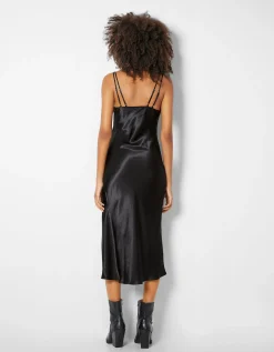 BERSHKA Robe midi satinée bretelle fine double Noir Cheap