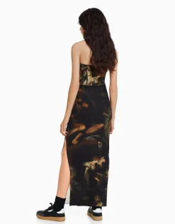 BERSHKA Robe midi tulle imprimé Art Series Noir Outlet