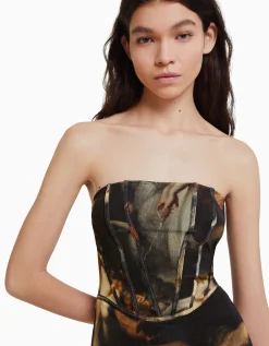 BERSHKA Robe midi tulle imprimé Art Series Noir Outlet