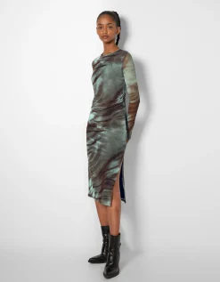 BERSHKA Robe midi tulle imprimée Kaki Clearance