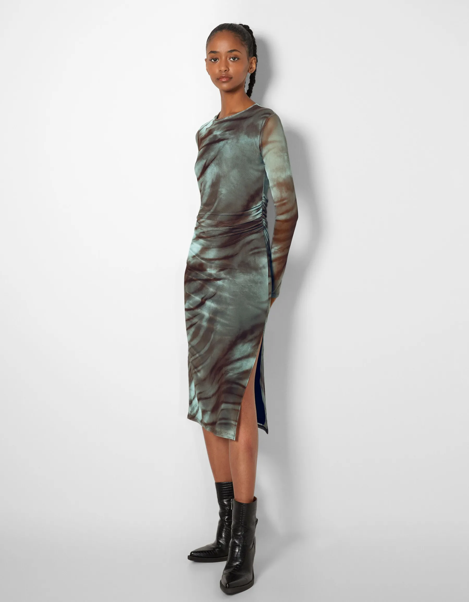 BERSHKA Robe midi tulle imprimée Kaki Clearance
