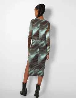 BERSHKA Robe midi tulle imprimée Kaki Clearance
