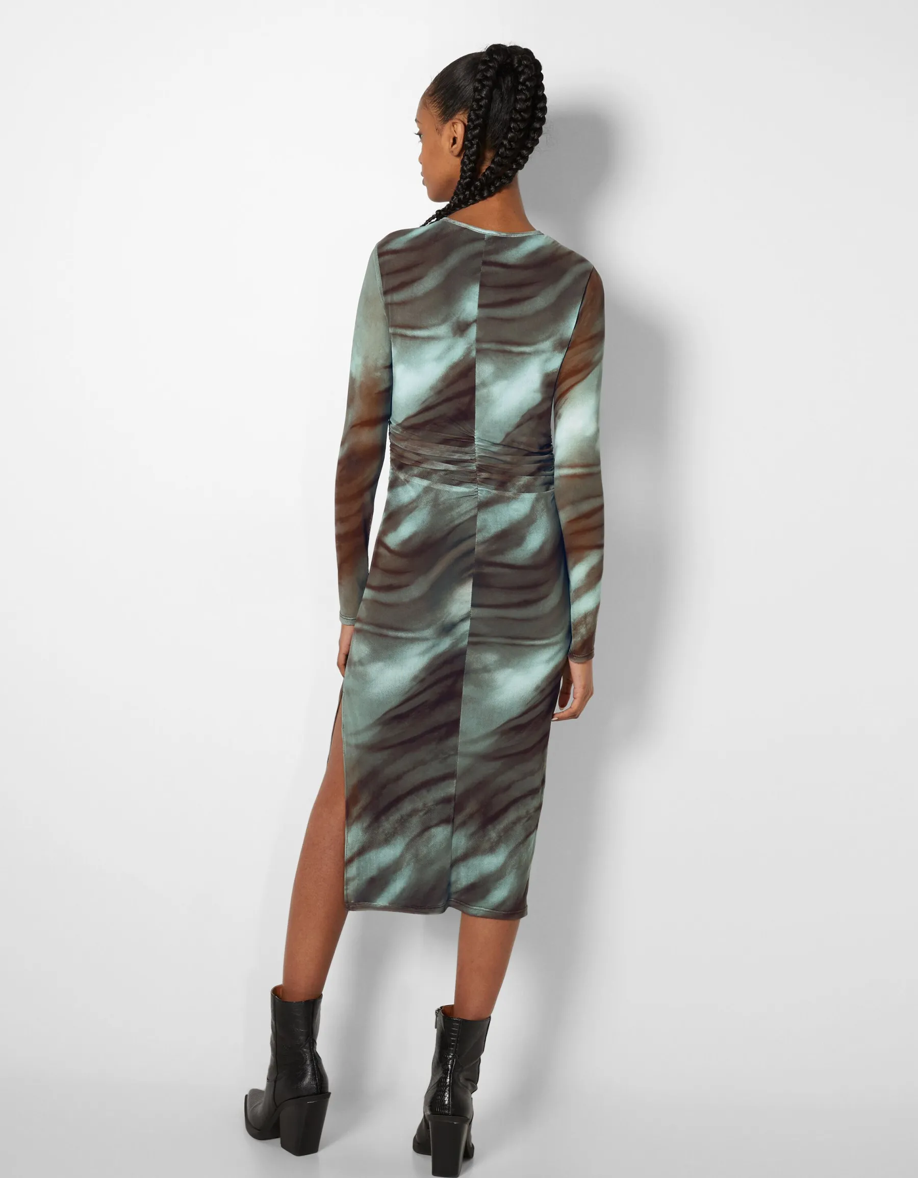 BERSHKA Robe midi tulle imprimée Kaki Clearance