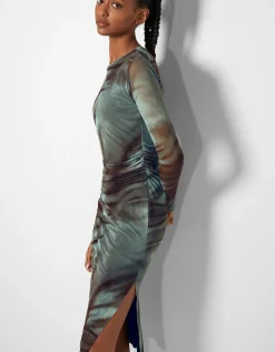BERSHKA Robe midi tulle imprimée Kaki Clearance