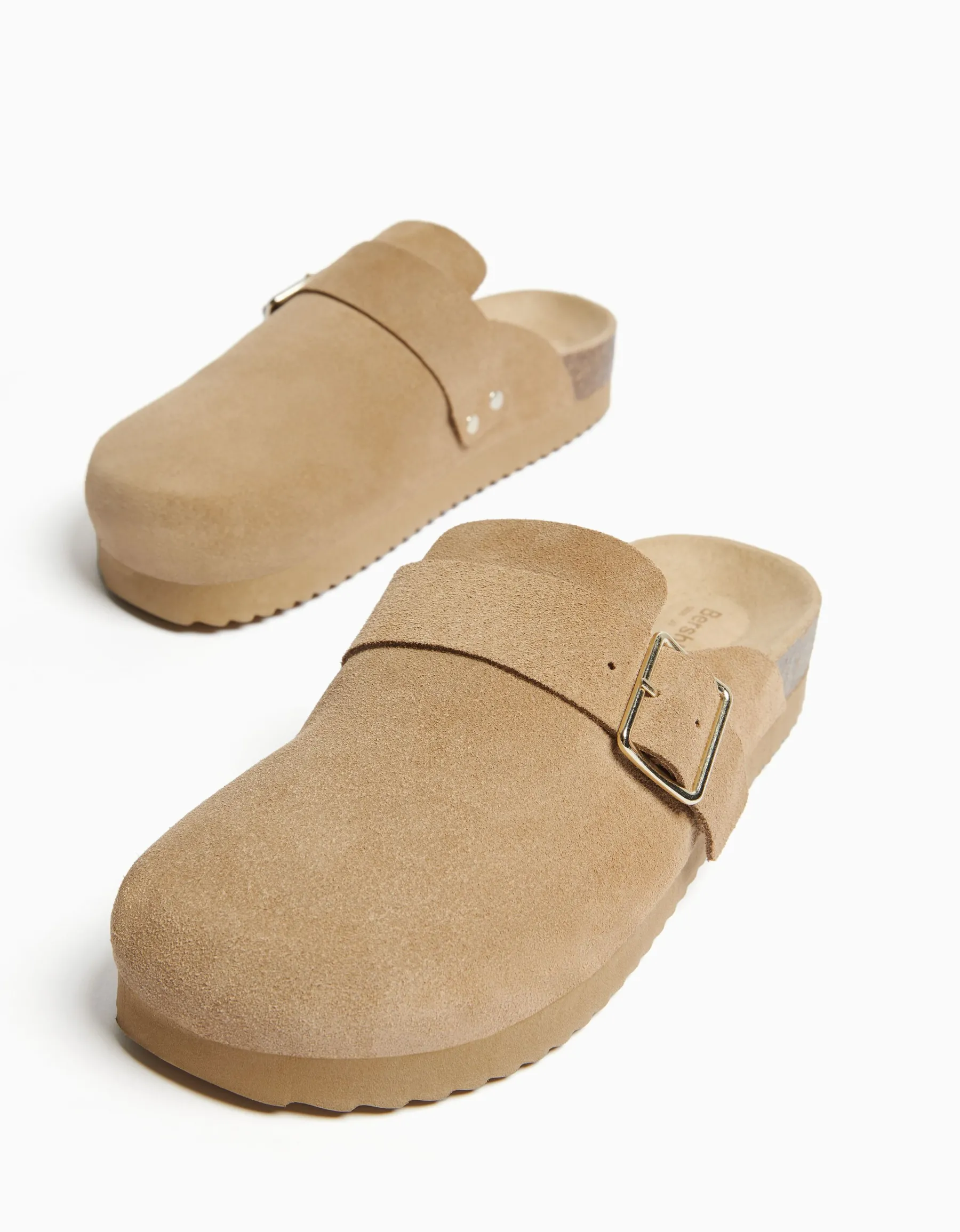 BERSHKA Sabots CUIR boucle Sable Cheap