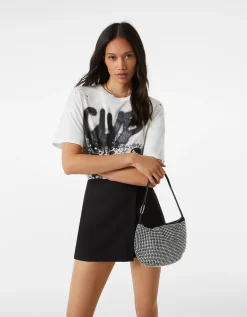 BERSHKA Sac anse strass Noir New