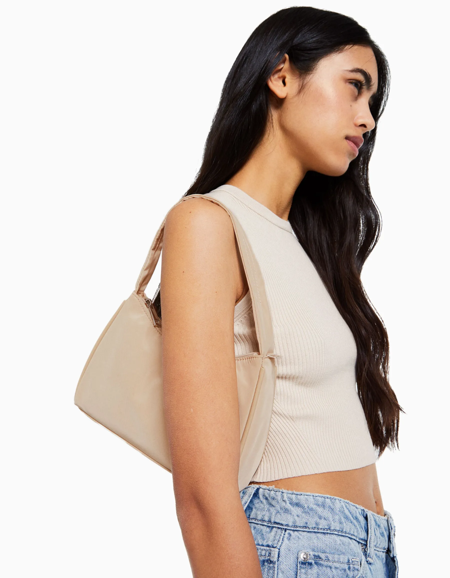 BERSHKA Sac porté épaule tissu Beige Store