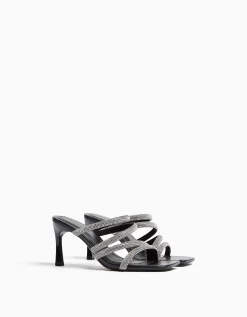 BERSHKA Sandales à talon brides brillantes Noir Best
