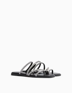 BERSHKA Sandales plate brillantes Noir Outlet