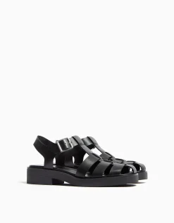 BERSHKA Sandales plates à lanières Noir Cheap