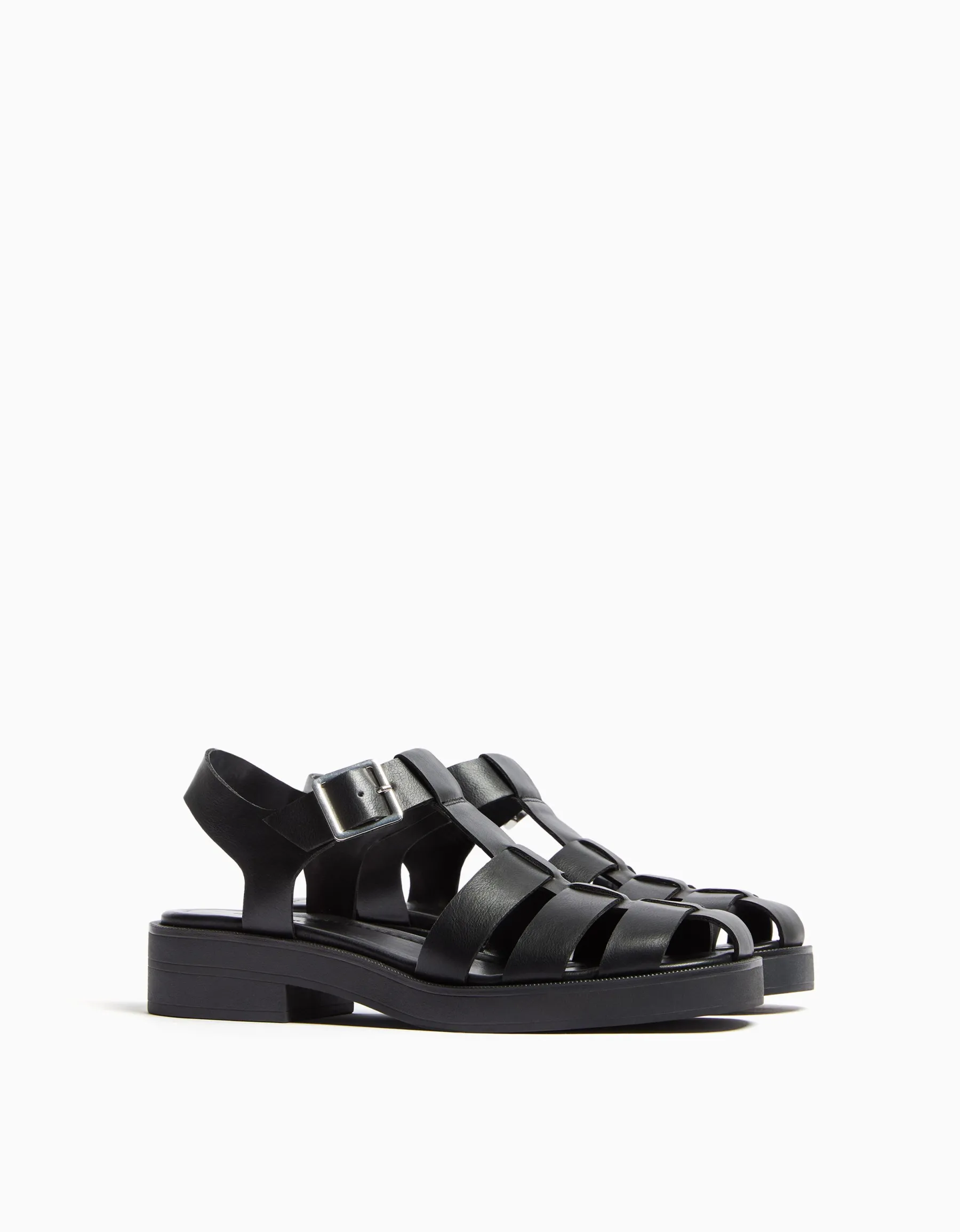 BERSHKA Sandales plates à lanières Noir Cheap