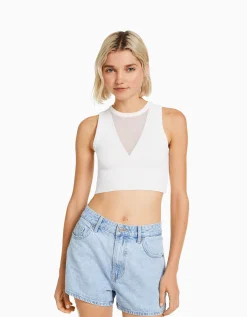 BERSHKA Short denim mom Bleu Cheap