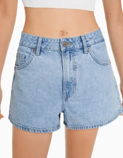 BERSHKA Short denim mom Bleu Cheap