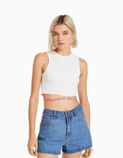 BERSHKA Short denim mom Bleu Outlet