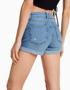 BERSHKA Short denim retroussé Blanc Fashion